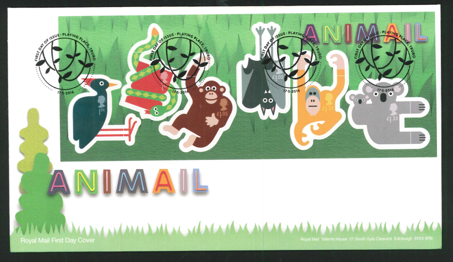 2016 - Animail Animals Minisheet, First Day Cover, Playing Place Truro Pictorial Postmark